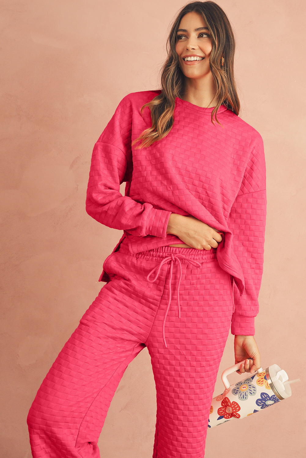 Checkered Textured Split Pullover Top and Pants Set