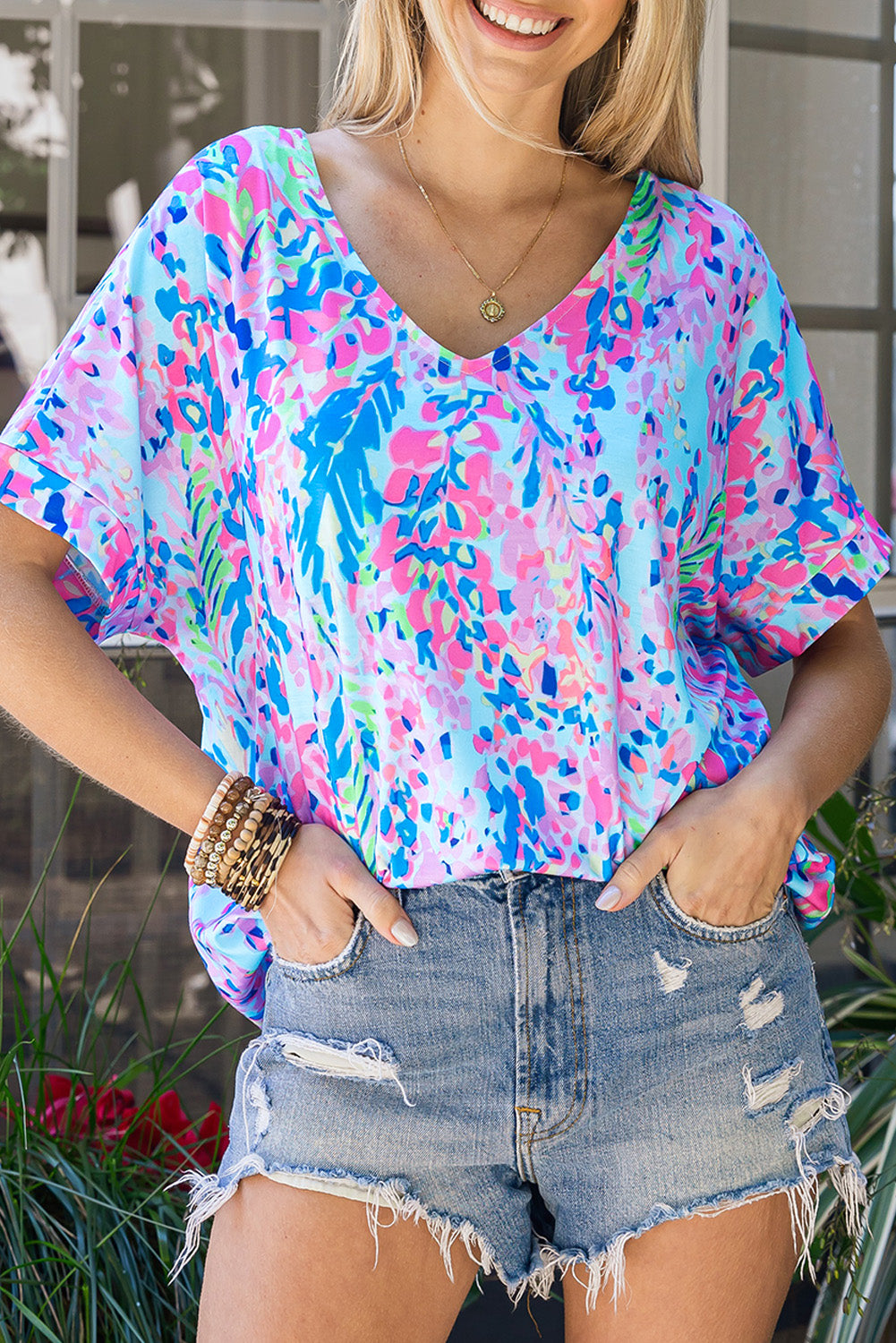 Boho Abstract Floral Print V Neck T Shirt