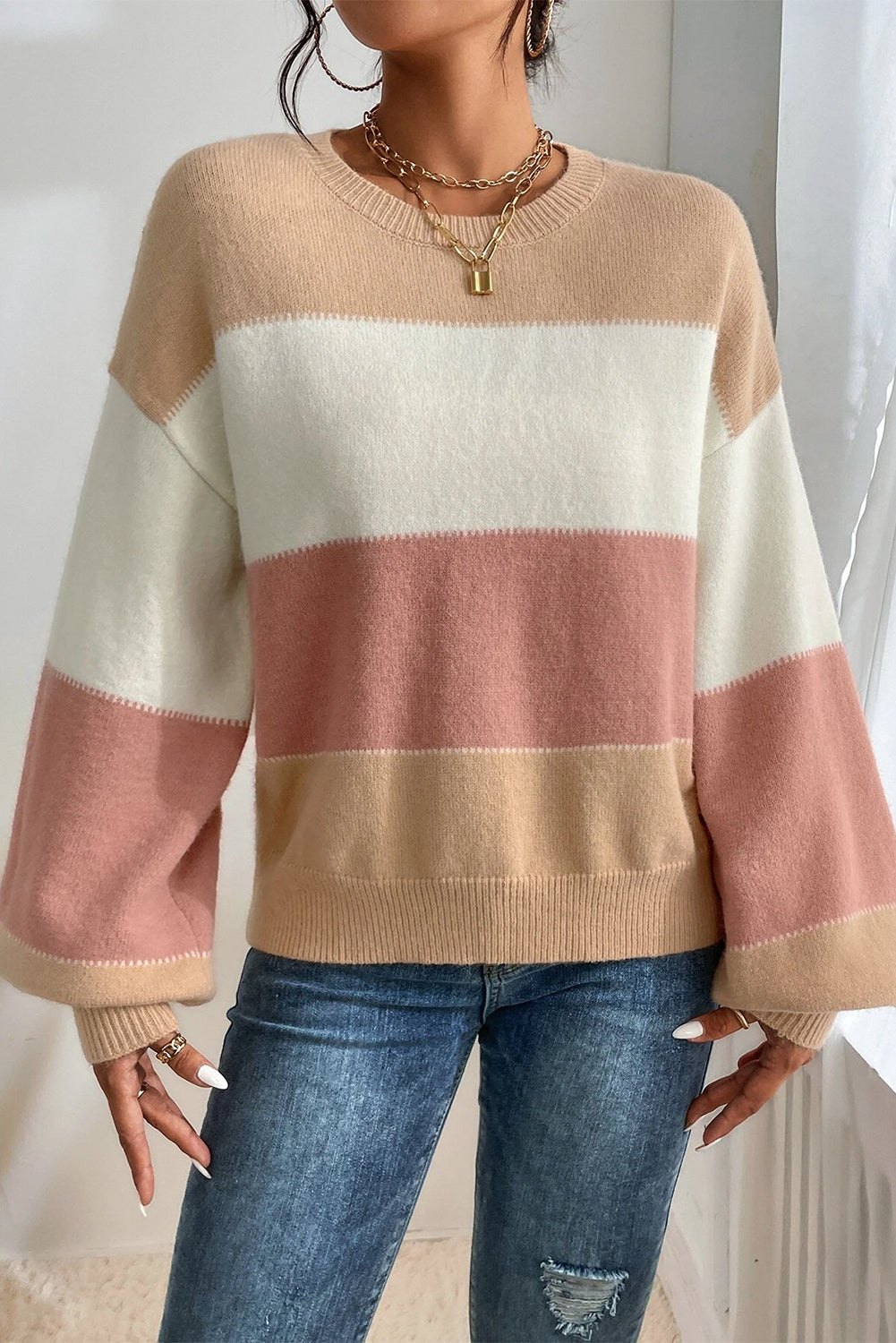 Dusty Pink Colour Block Lantern Sleeve Drop Shoulder Sweater