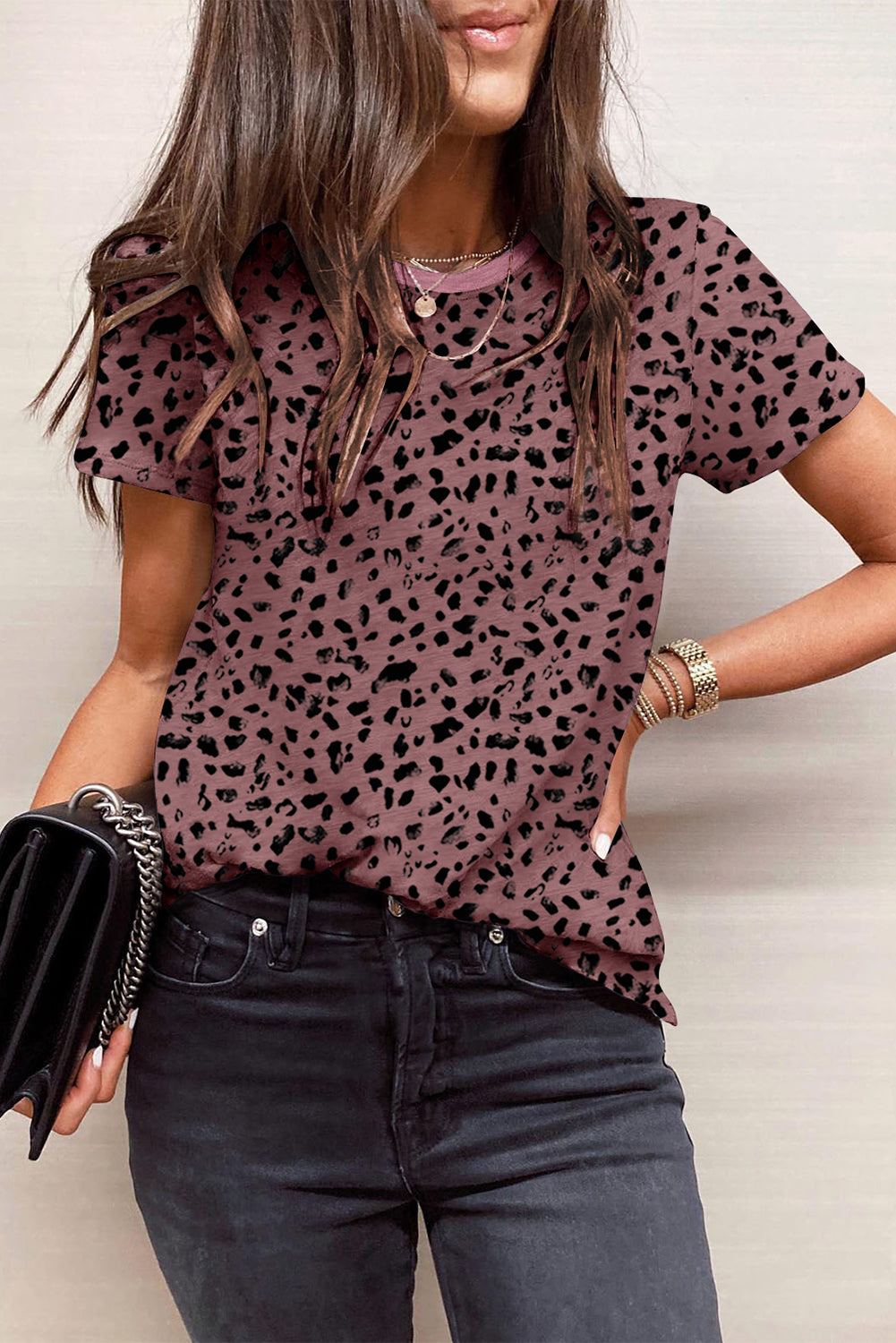 Cheetah Print Casual Short Sleeve Crew Neck T Shirt