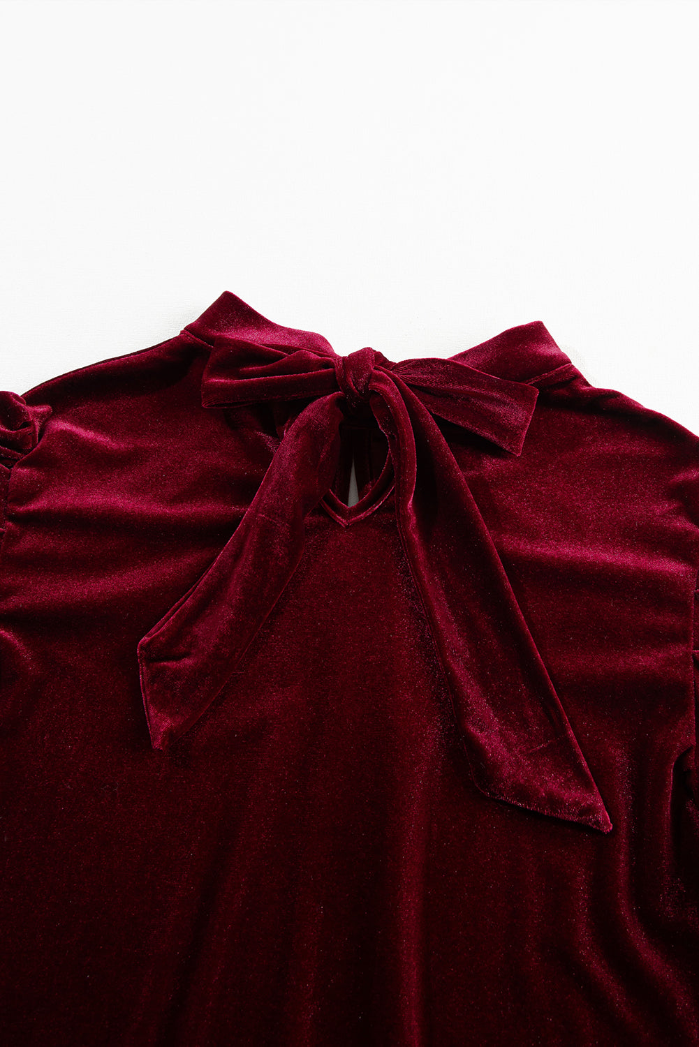 Mock Keyhole Neck Puff Sleeve Velvet Blouse