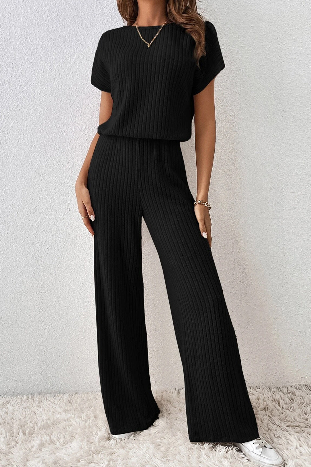 Solid Color Ribbed Short Sleeve Wide Leg Jumpsuit