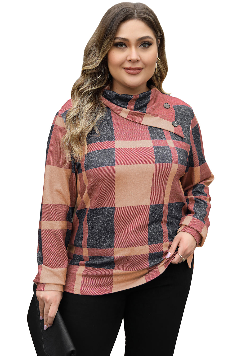 Mineral Red Plus Size Plaid Print Button Decor Asymmetric Neck Top