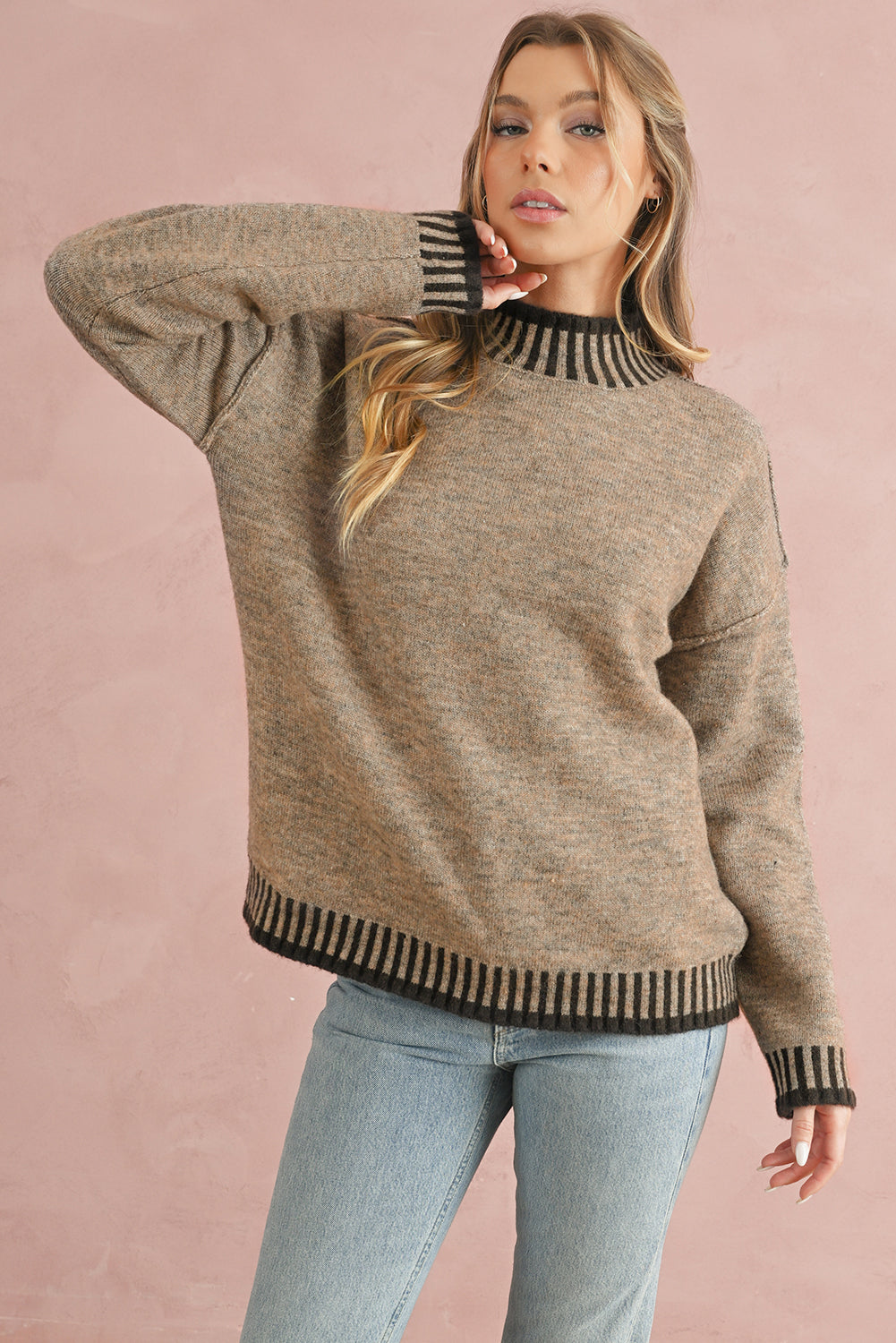 Pale Khaki Contrast Trim Mock Neck Drop Shoulder Sweater