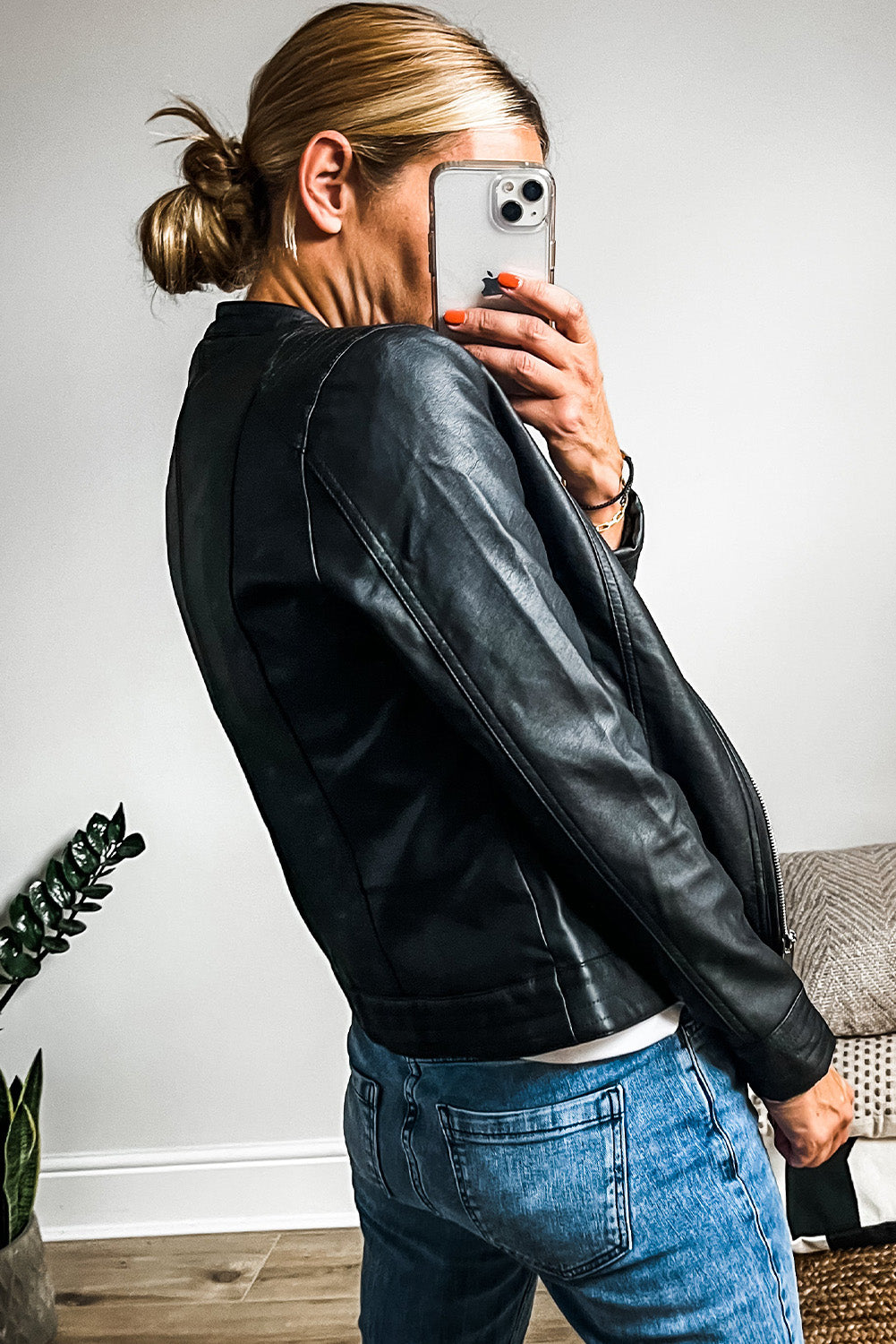 Faux Leather, Pockets, Round Neck, Zipper Jacket