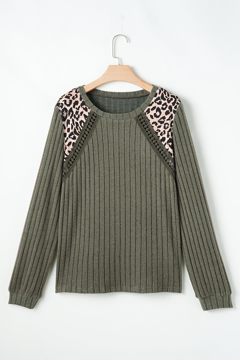 Moss Green Leopard Print Patchwork Crochet Rib Textured Top