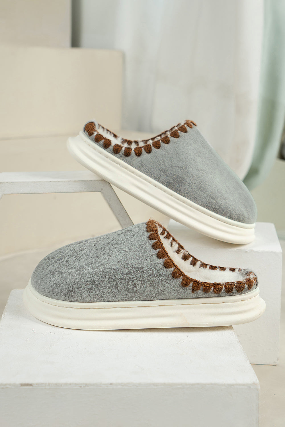 Medium Grey Thick Sole Plush Lined Home Slippers