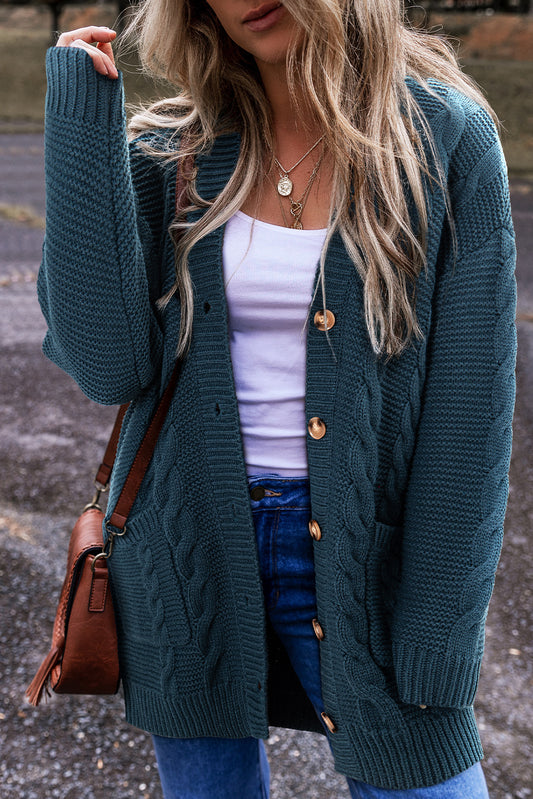 Peacock Blue Cable Knit Button Front Pocketed Baggy Cardigan