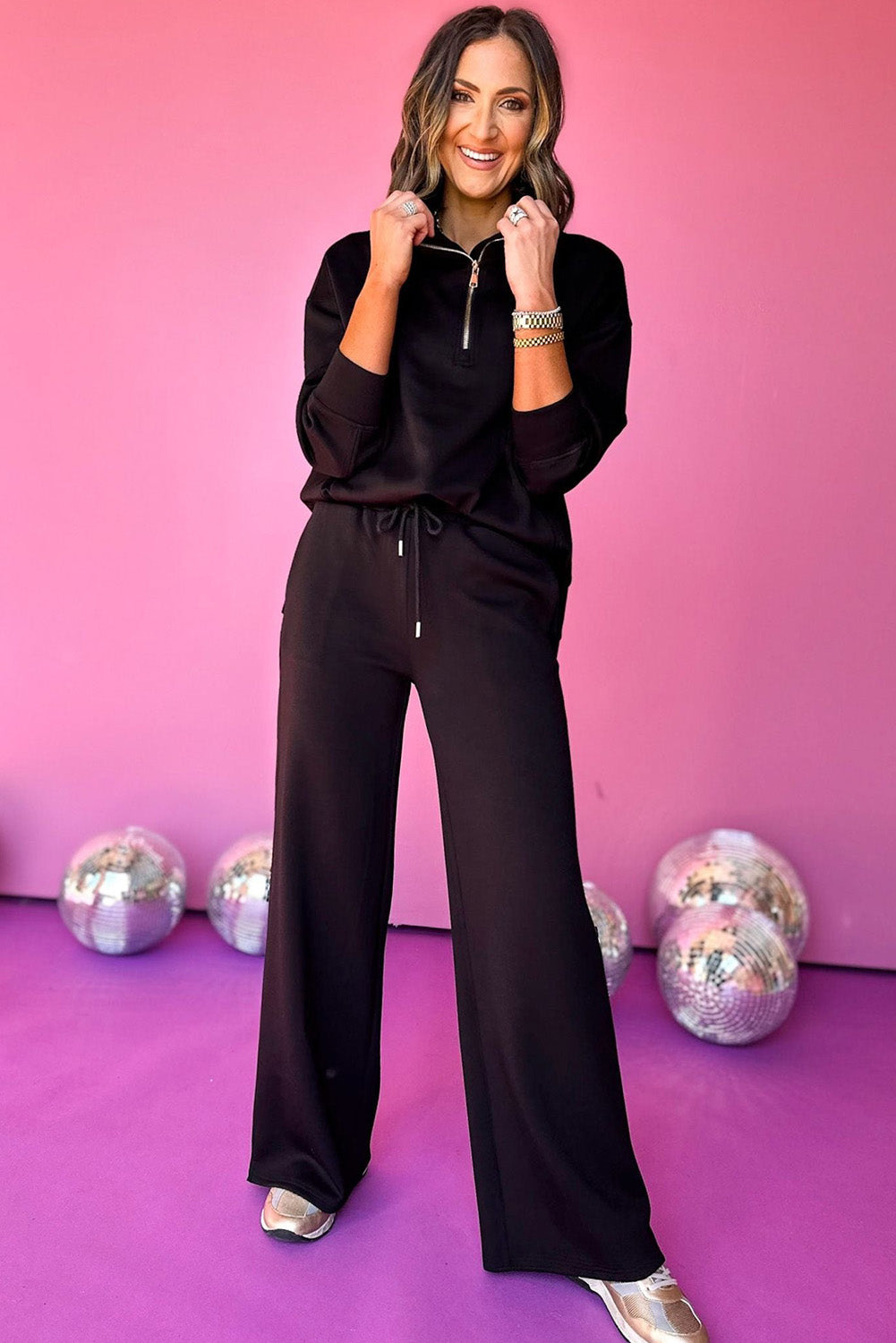 Black Zipper Stand Neck Top and Wide Leg Pants Set