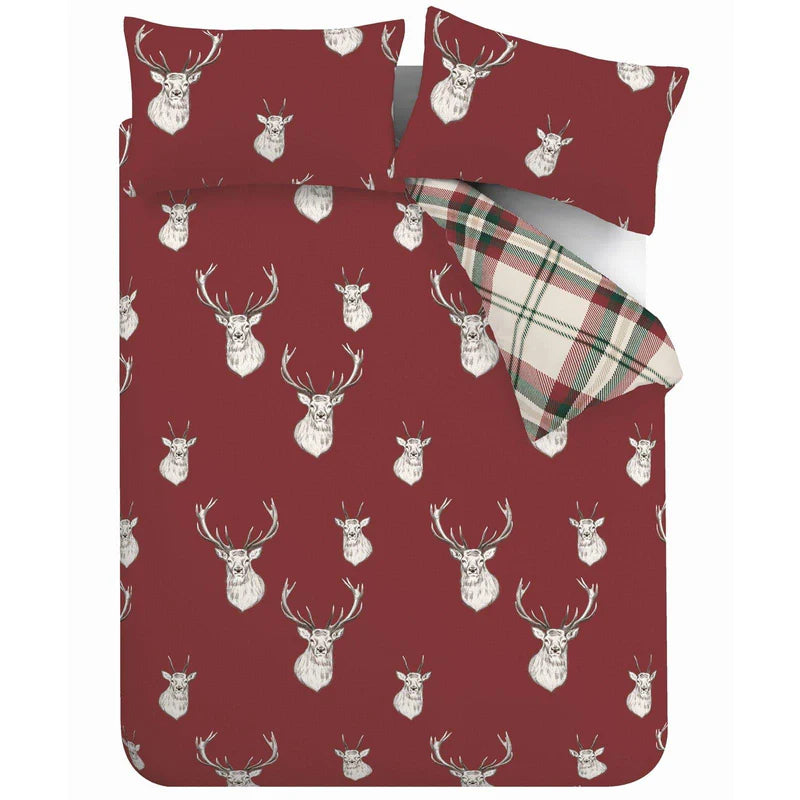 Munro Stag Tartan Check Reversible Red Duvet Cover Set by Catherine Lansfield