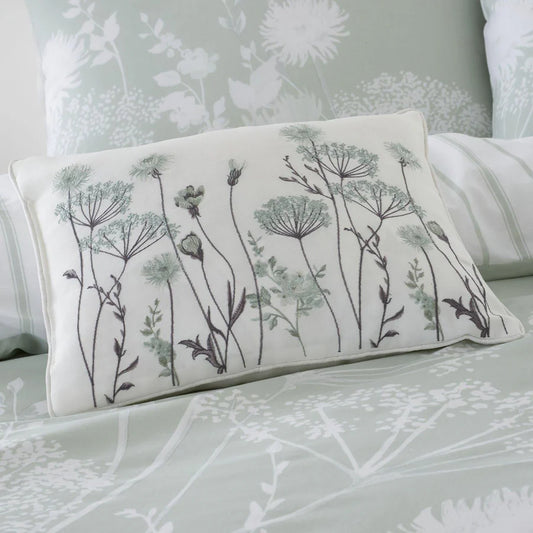 Meadowsweet Floral Embroidered Green Filled Boudoir Cushion