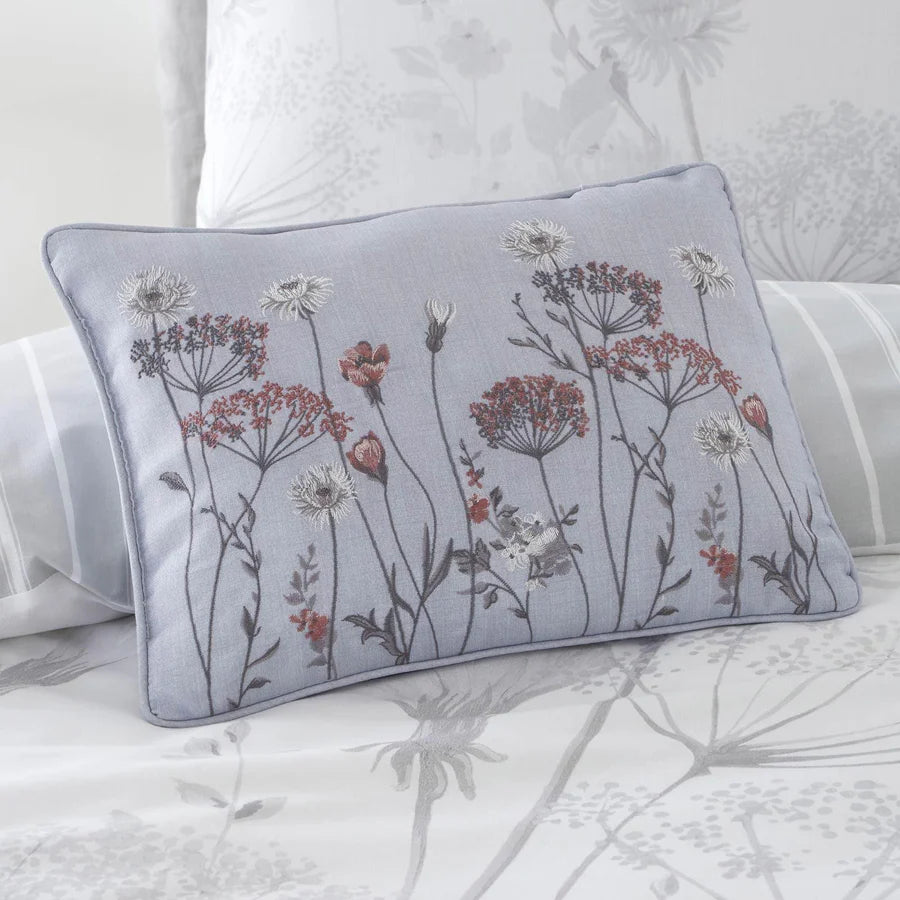 Meadowsweet Floral Embroidered Grey Filled Boudoir Cushion