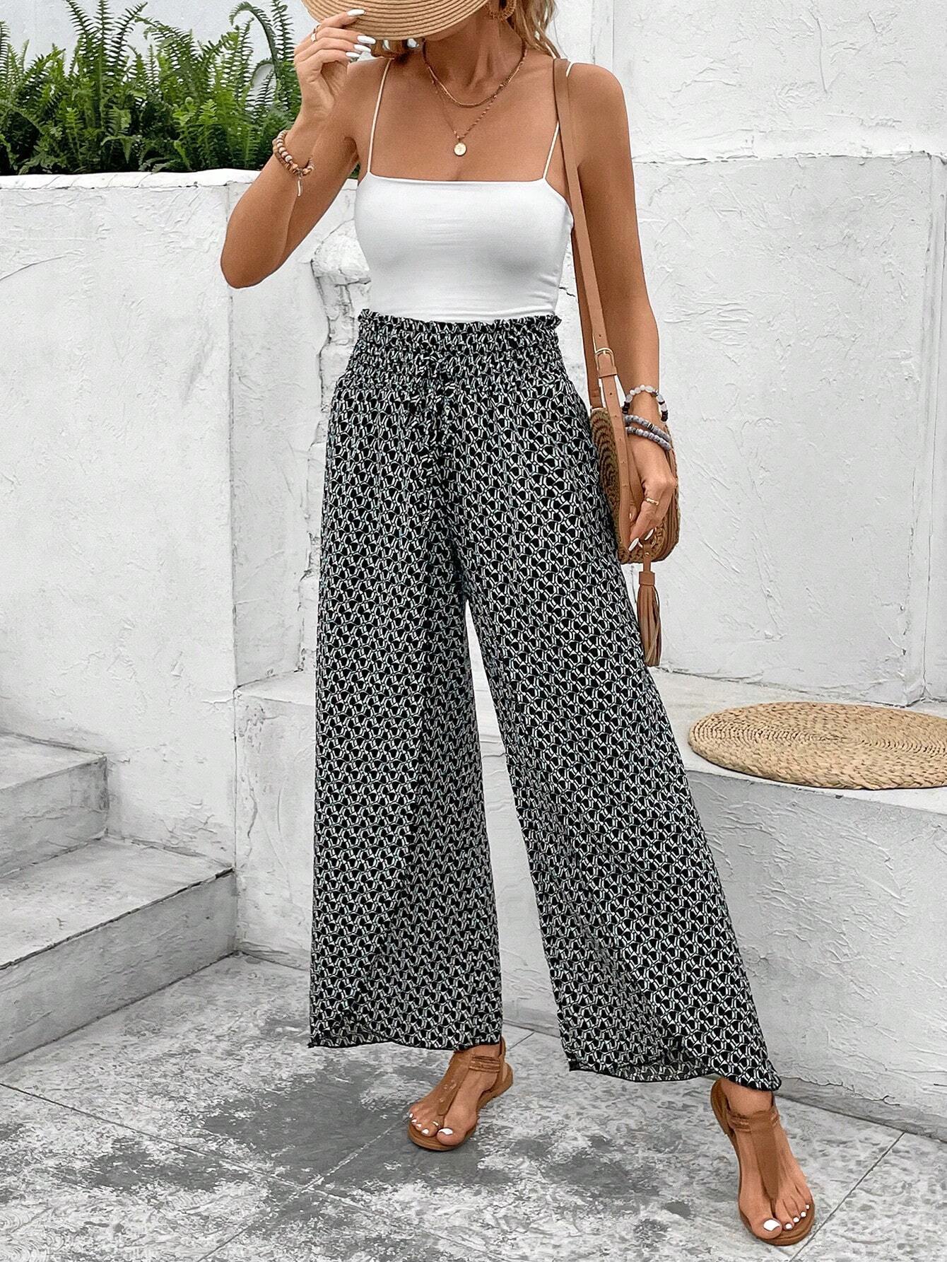 Pink Floral Shirred Side Slit Wide Leg Pants