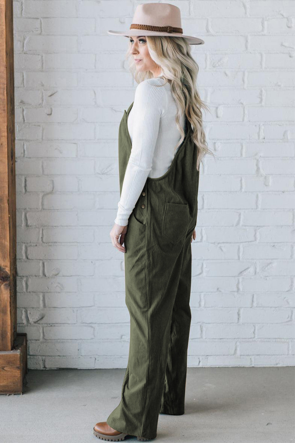 Plain Pocketed Loose Fit Corduroy Overalls