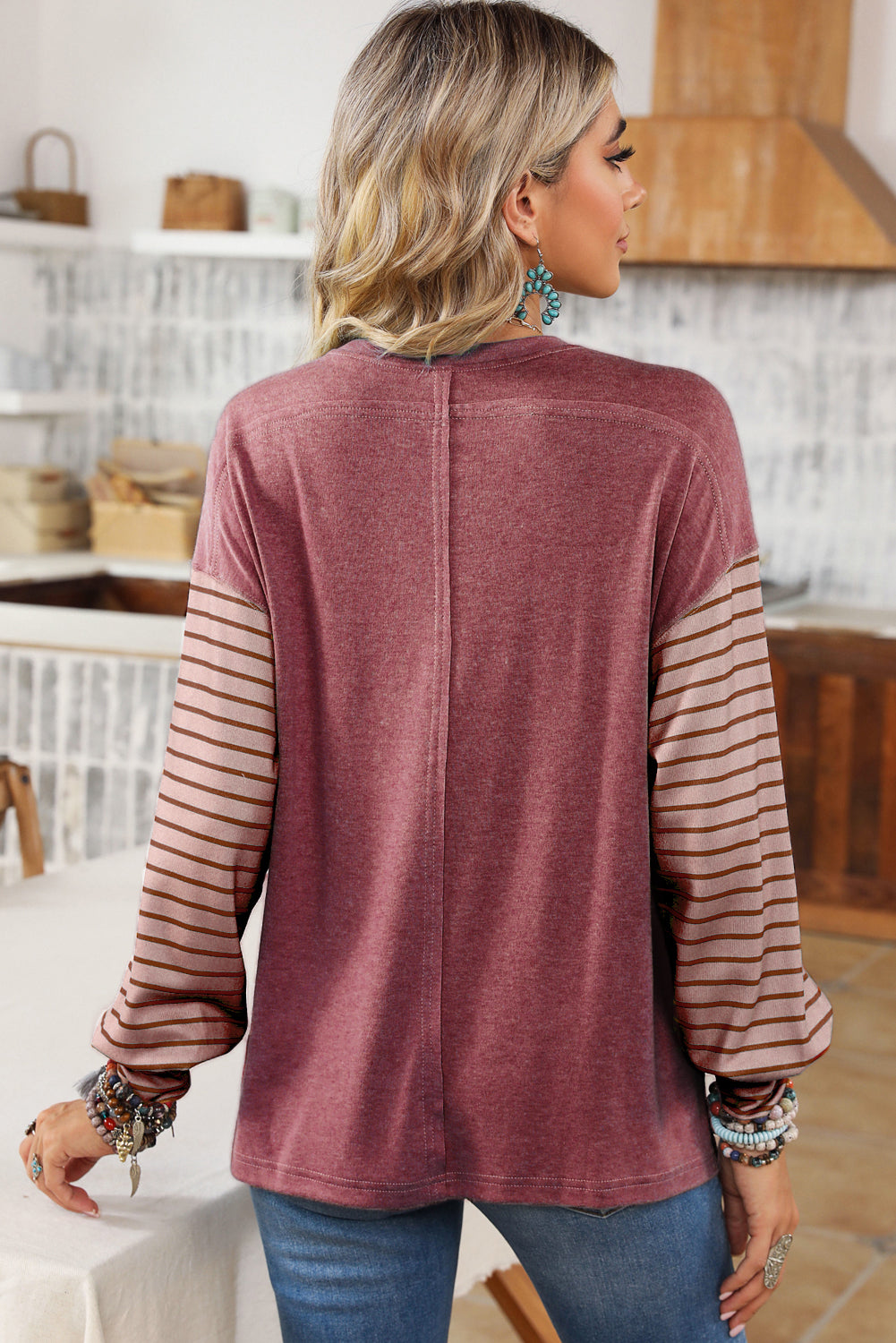 Colorblock Striped Bishop Sleeve Top