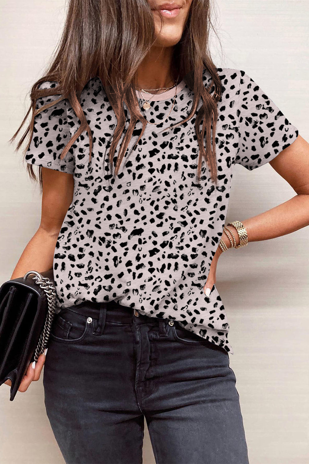 Cheetah Print Casual Short Sleeve Crew Neck T Shirt