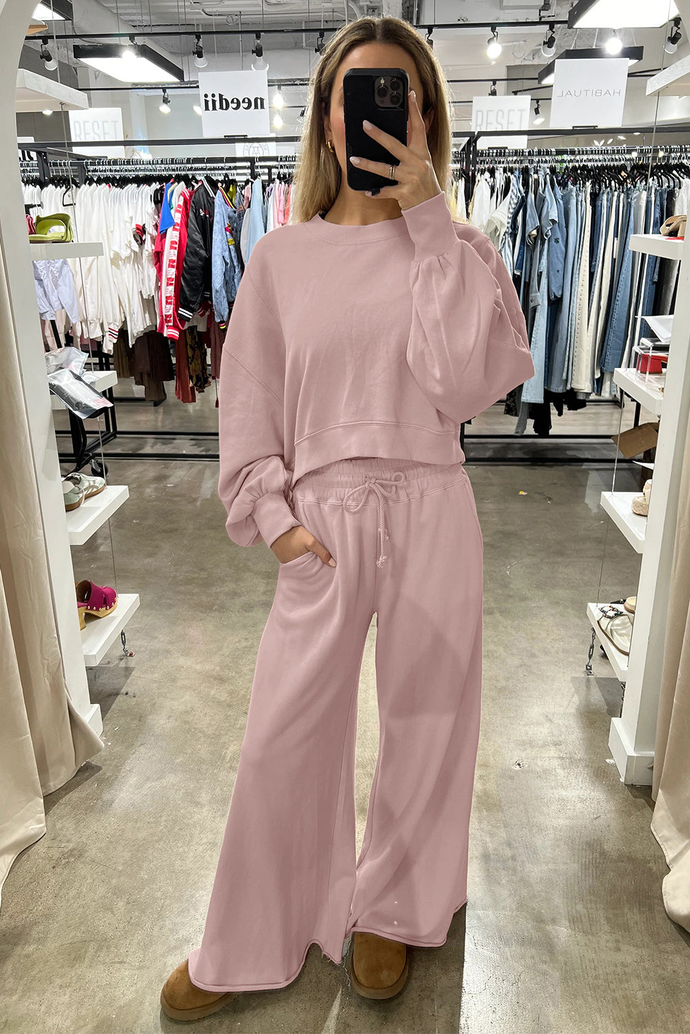 Drop Shoulder Crop Pullover Drawstring Wide Leg Trouser Set