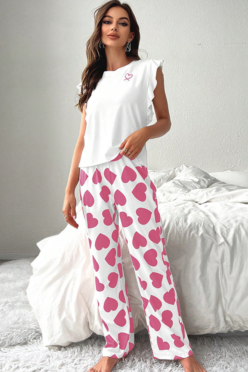 Print Ruffle Sleeveless Top and Pants Valentines Pajama Set