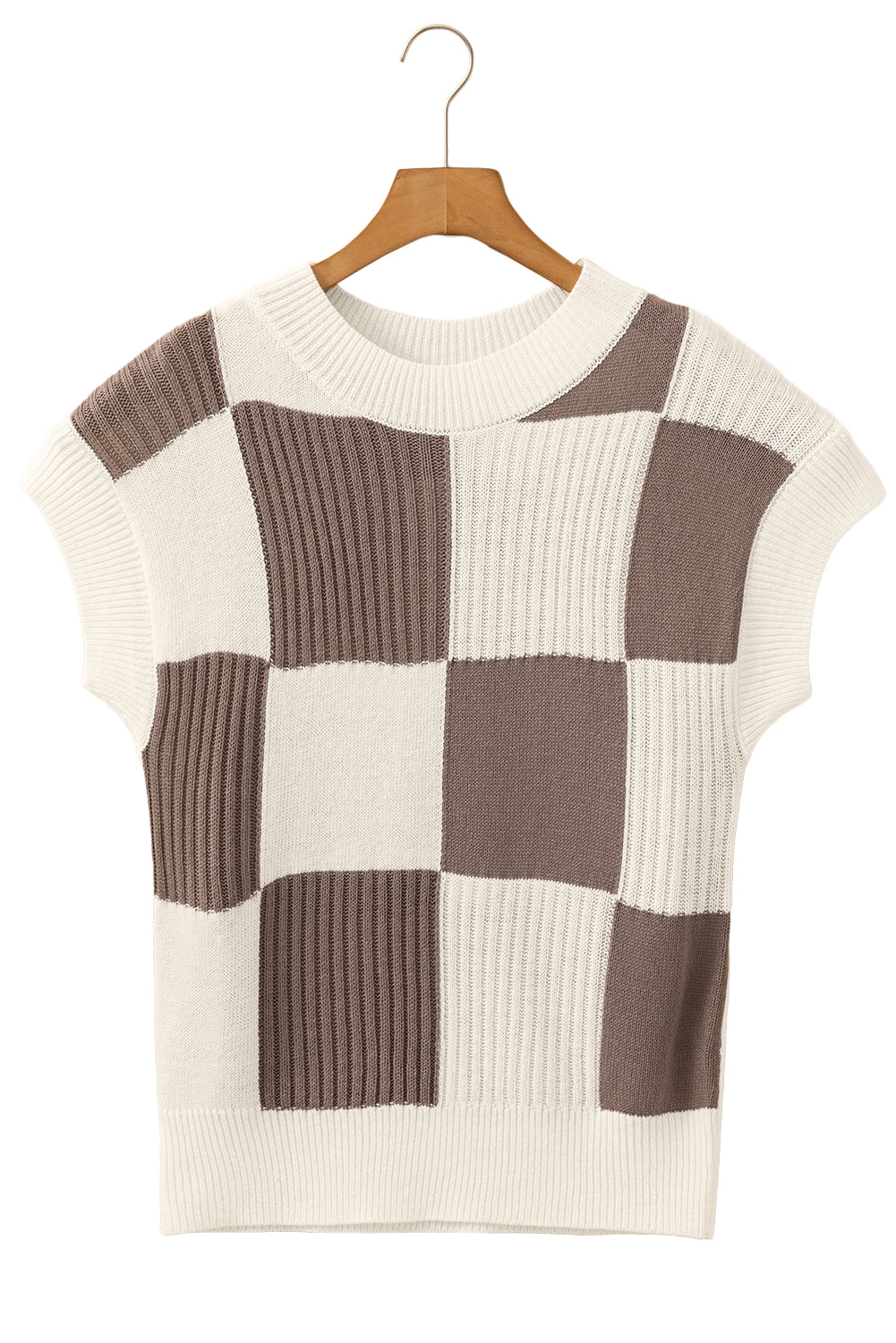 Checkered Color Block Crew Neck Short Sleeve Sweater