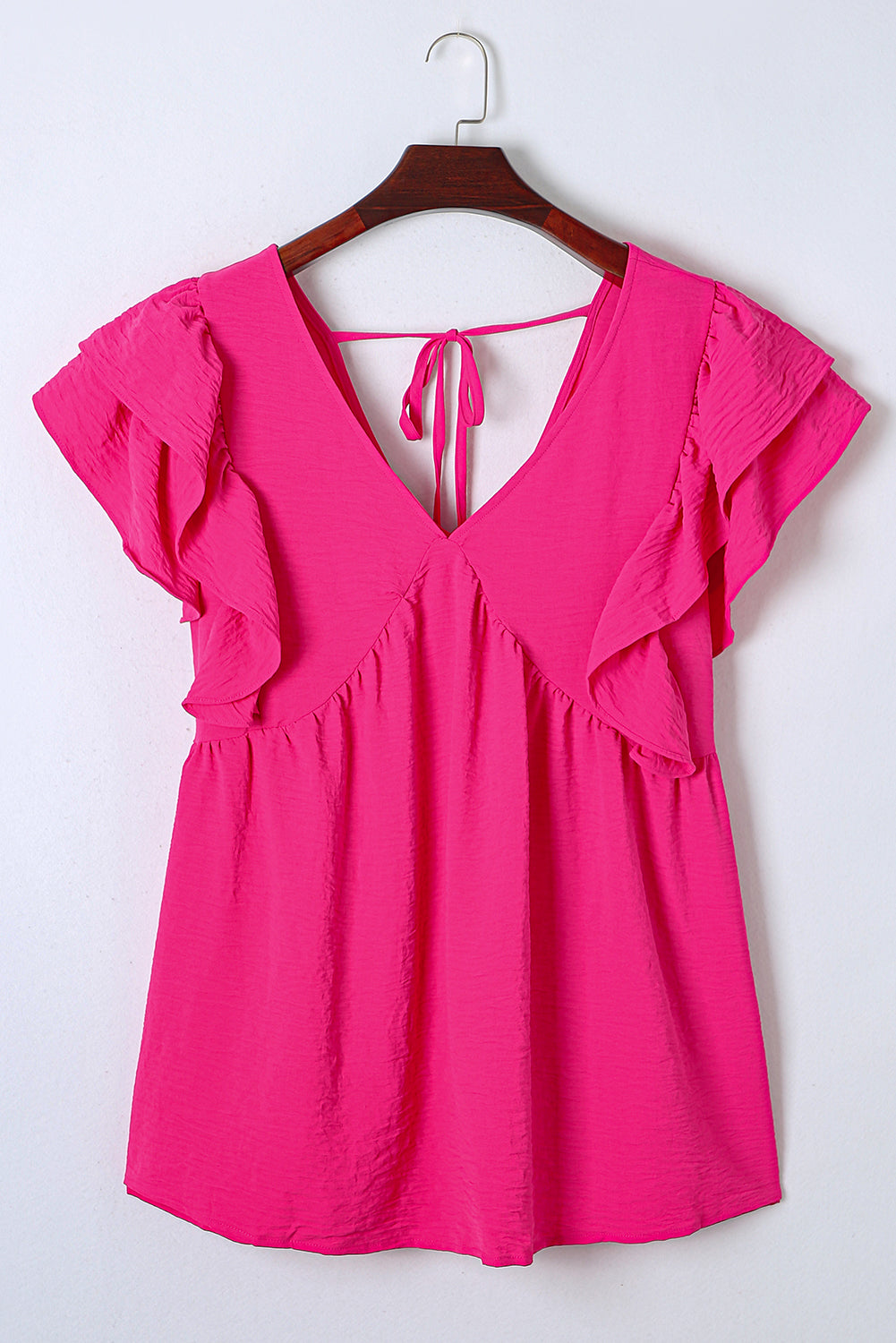 Pink Crinkle V Neck Tie Back Ruffle Plus Size Top