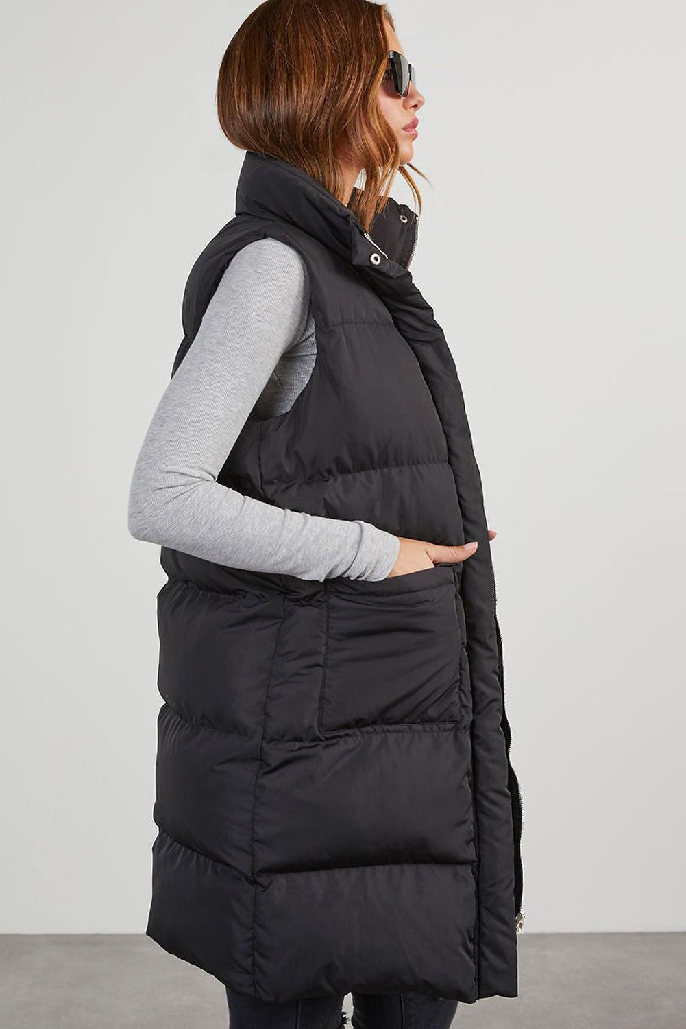 Quilted Pocketed Long Puffer Vest Coat