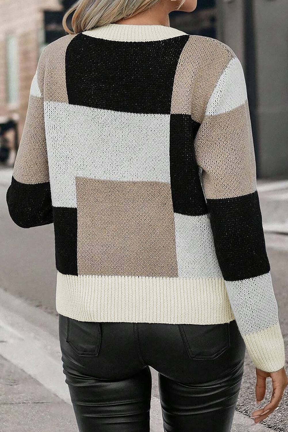 Black Checkered Colourblock Round Neck Knit Sweater