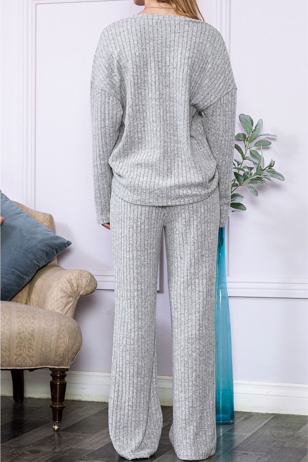 Slouchy Ribbed Knit V Neck Top & Pants Loungewear Set