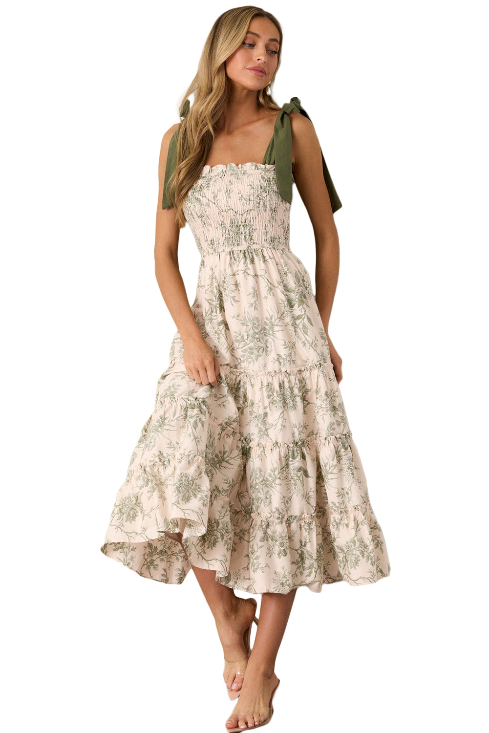 Green Floral Smocked High Waist Tiered Midi Dress