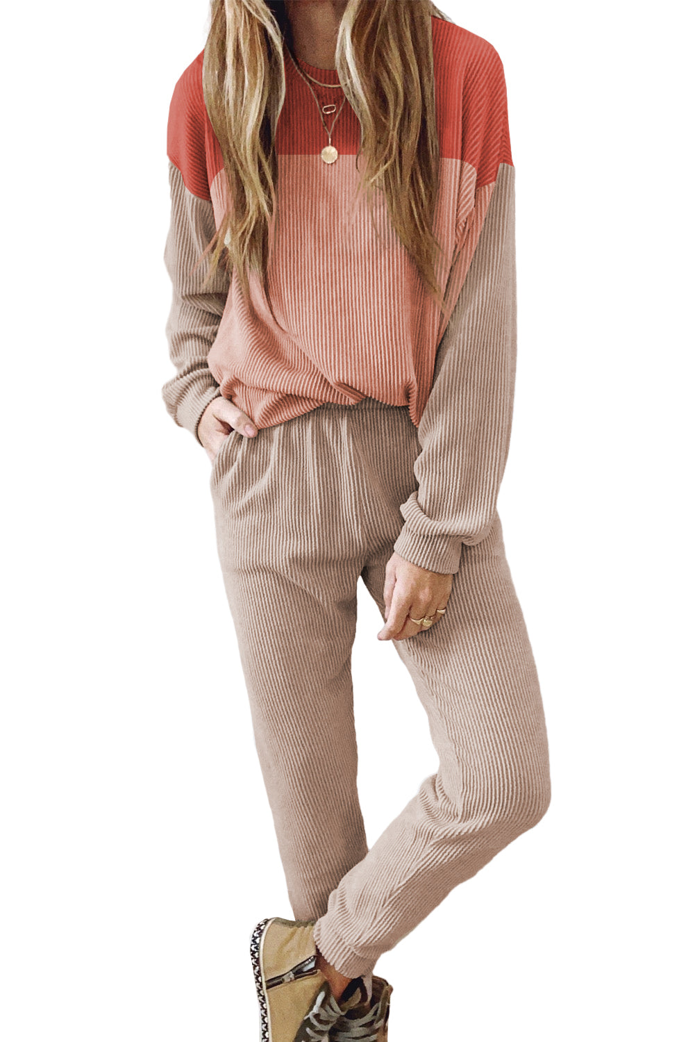 Colorblock Corded Slouchy Top and Pants Set