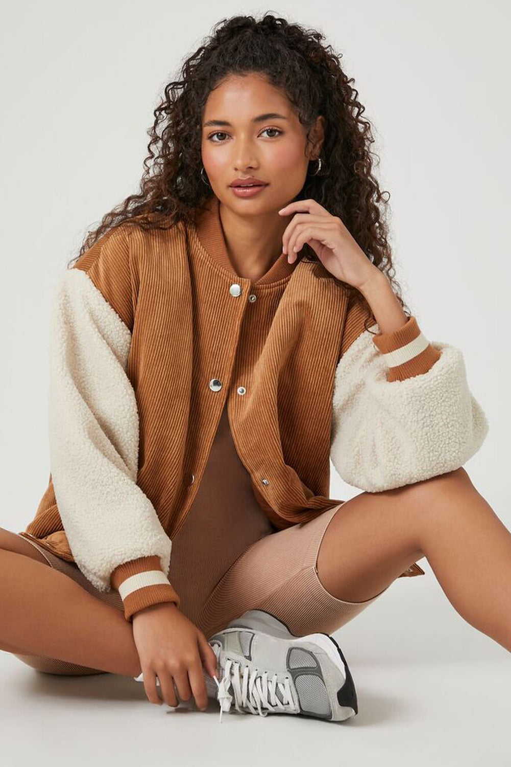 Corduroy Fleece Patchwork Buttoned Bomber Coat