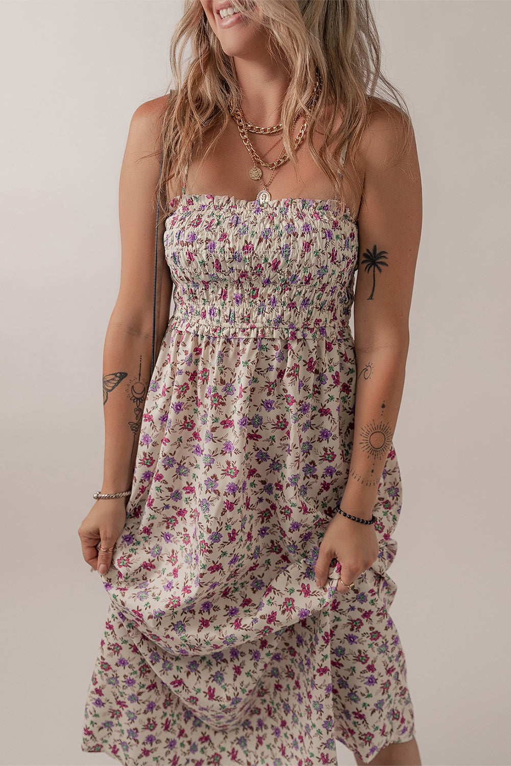 Multicolour Boho Floral Print Spaghetti Strap Flare Midi Dress