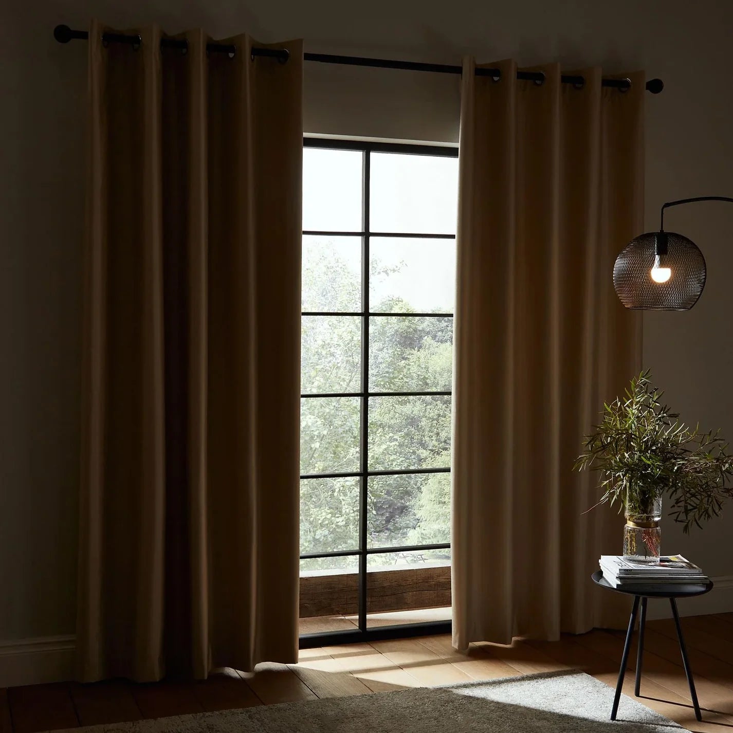 Champagne Faux Silk Blackout Eyelet Curtains - Catherine Lansfield