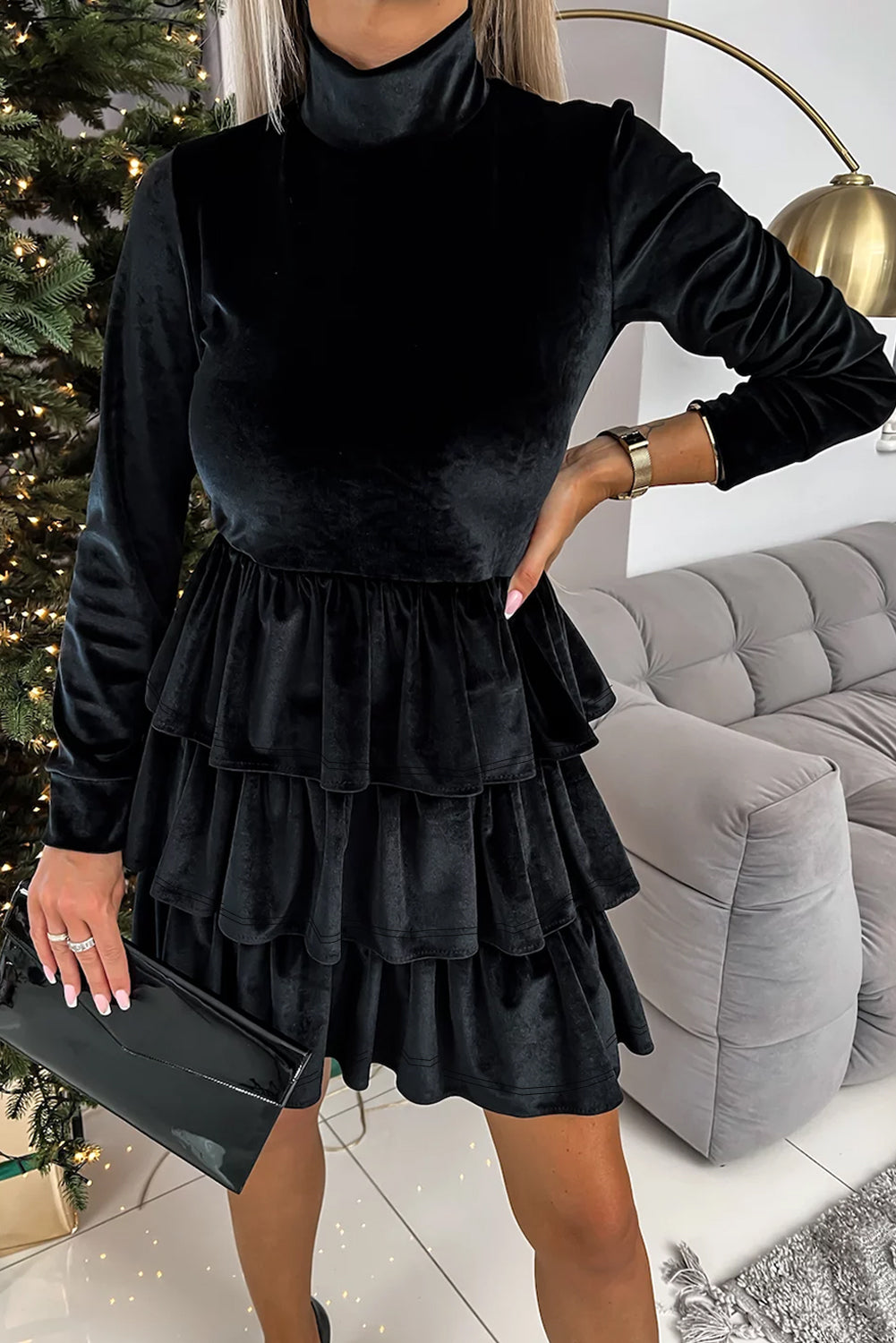 Velvet High Neck Tiered Ruffle Mini Dress