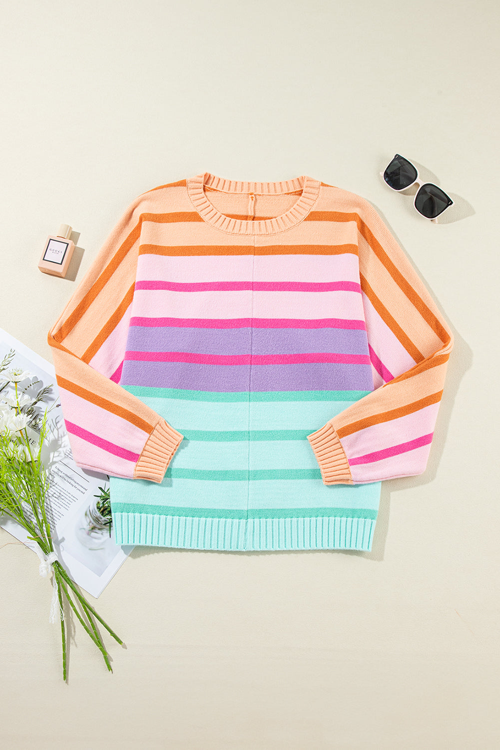 Striped Ribbed Edge Gradient Loose Sweater