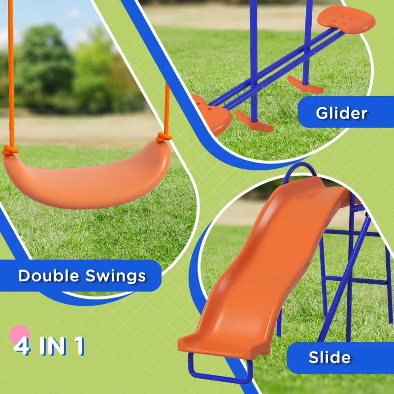 Four-In-One Metal Garden Swing Set, with Double Swings, Glider, Slider, Ladder - Orange and Blue