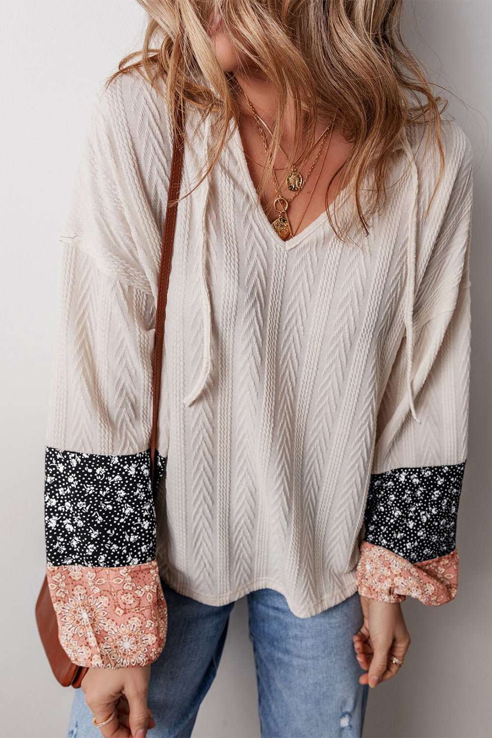 Floral Patchwork Textured Drawstring V Neck Top