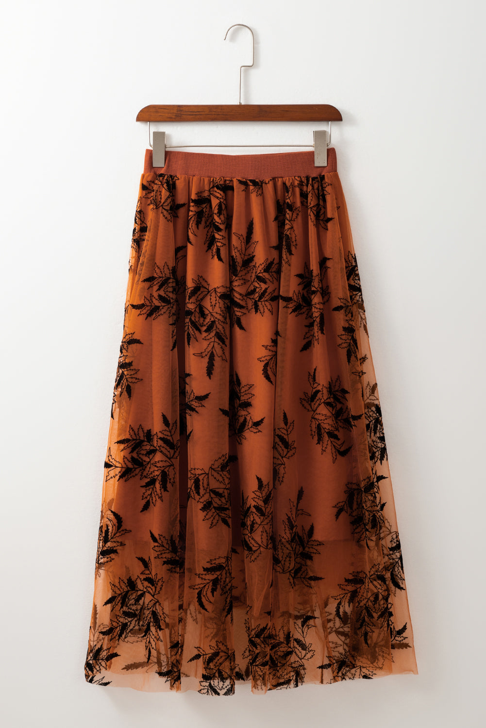 Peach Blossom Floral Leaves Embroidered High Waist Maxi Skirt