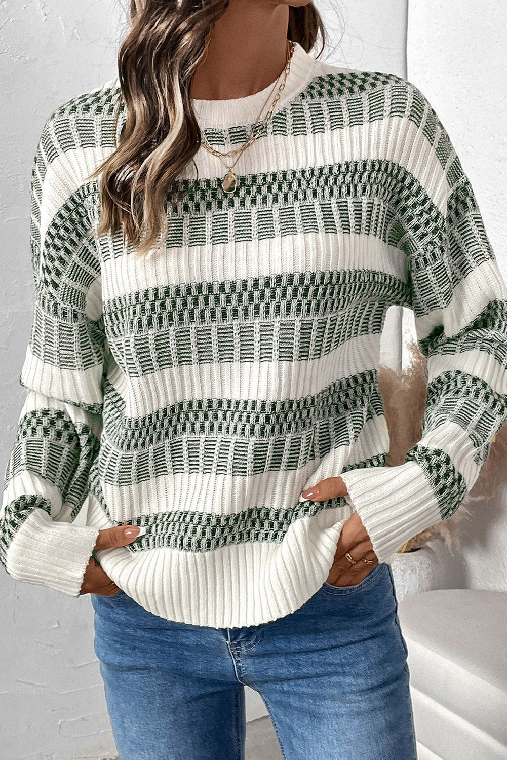 Blackish Green Casual Striped Clashing Sweater