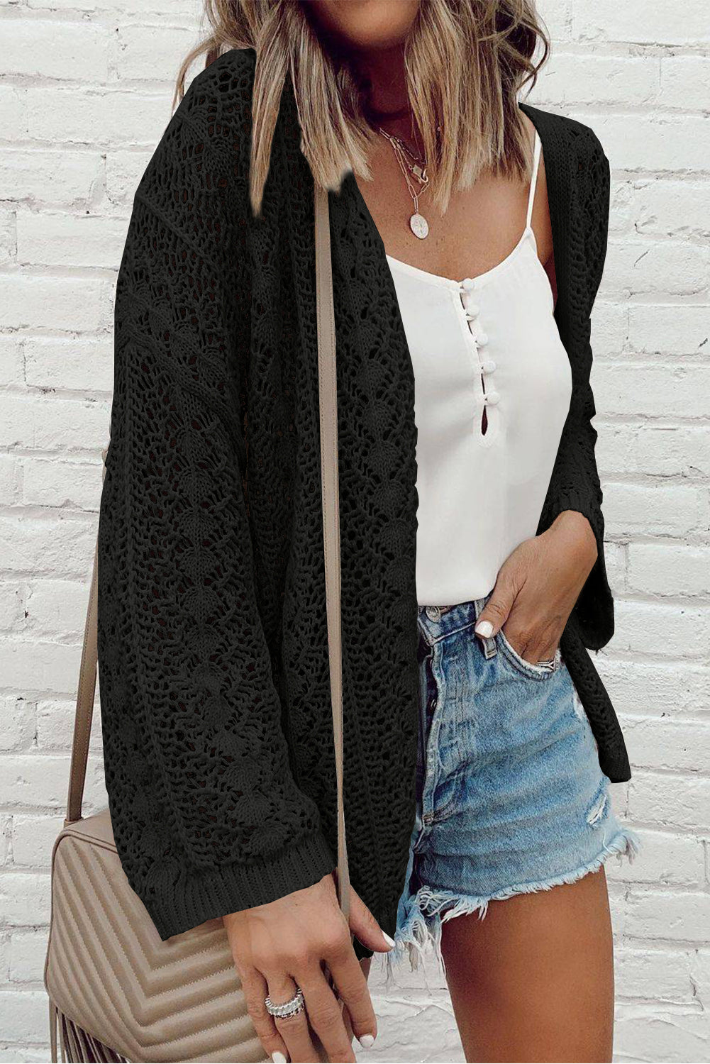 Hollow Out Crochet Knit Drop Shoulder Open Front Cardigan