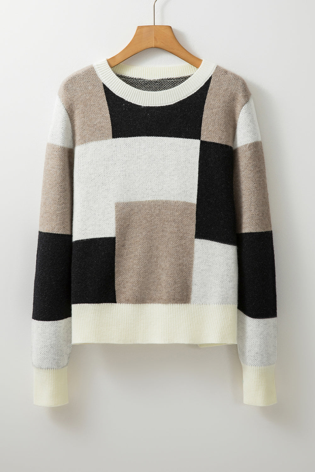 Black Checkered Colourblock Round Neck Knit Sweater