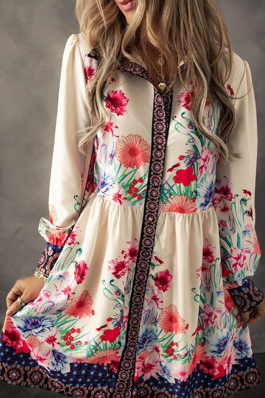 Apricot Floral Print Buttoned High Waist Mini Dress