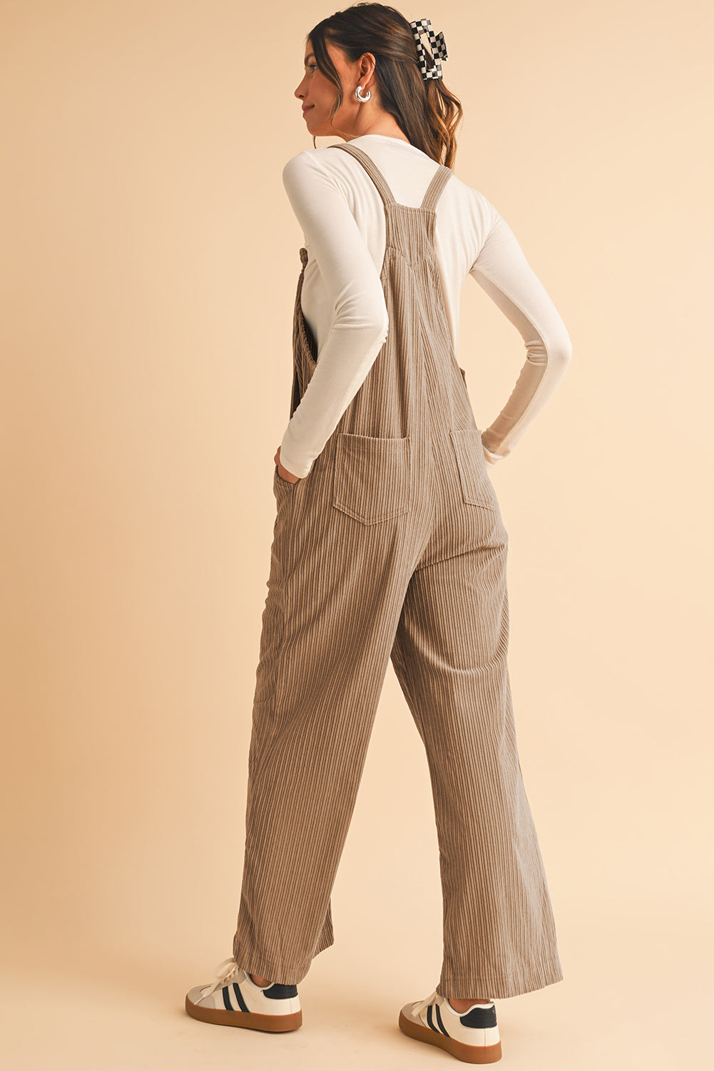 Plain Pocketed Loose Fit Corduroy Overalls