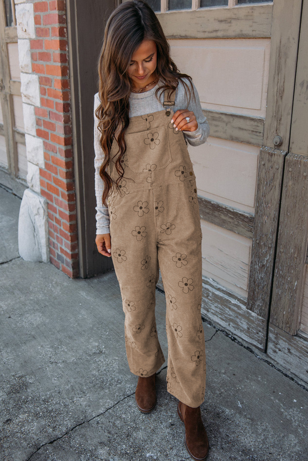 Khaki 60s Flower Print Corduroy Overalls