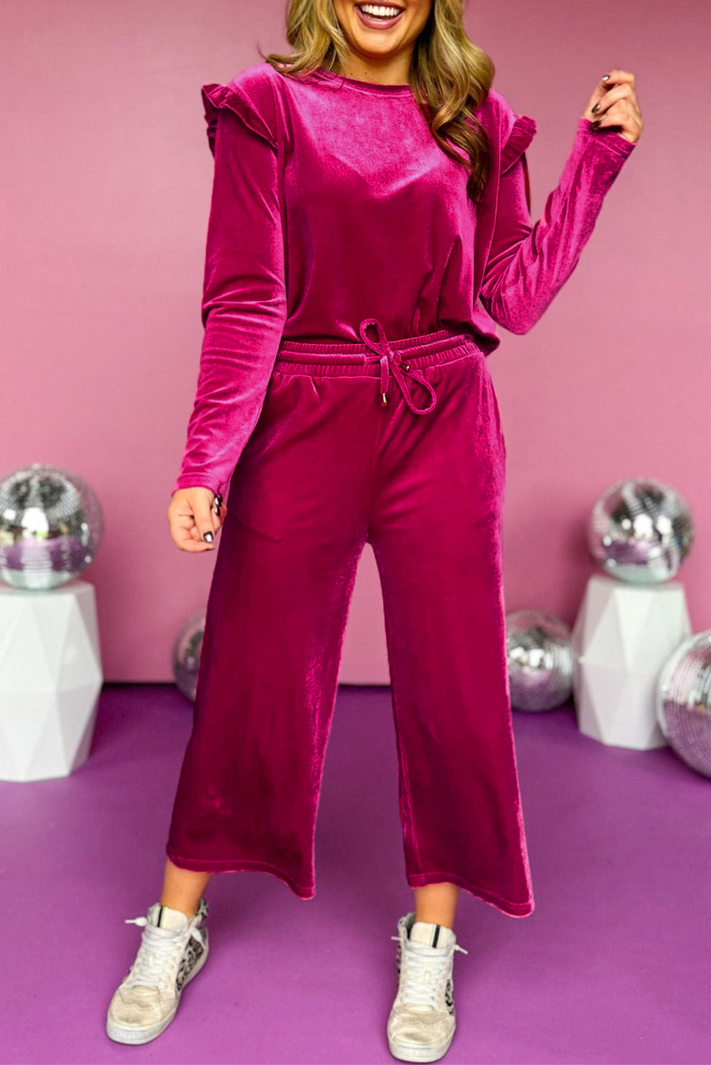 Velvet Ruffle Shoulder and Wide Leg Pants Set