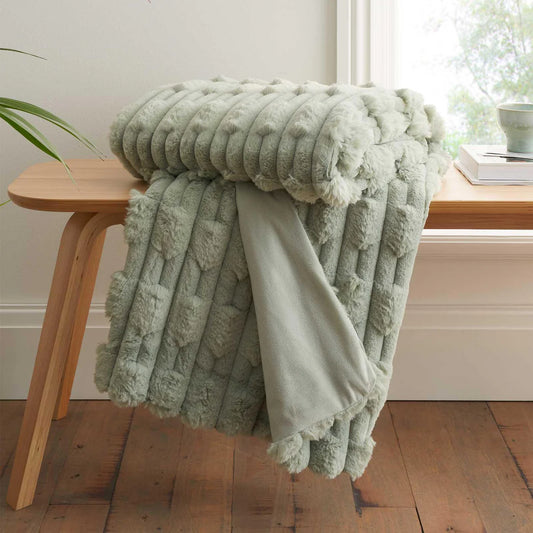 Bianca So Soft Carved Faux Fur 150 x 200cm Blanket Throw in Sage