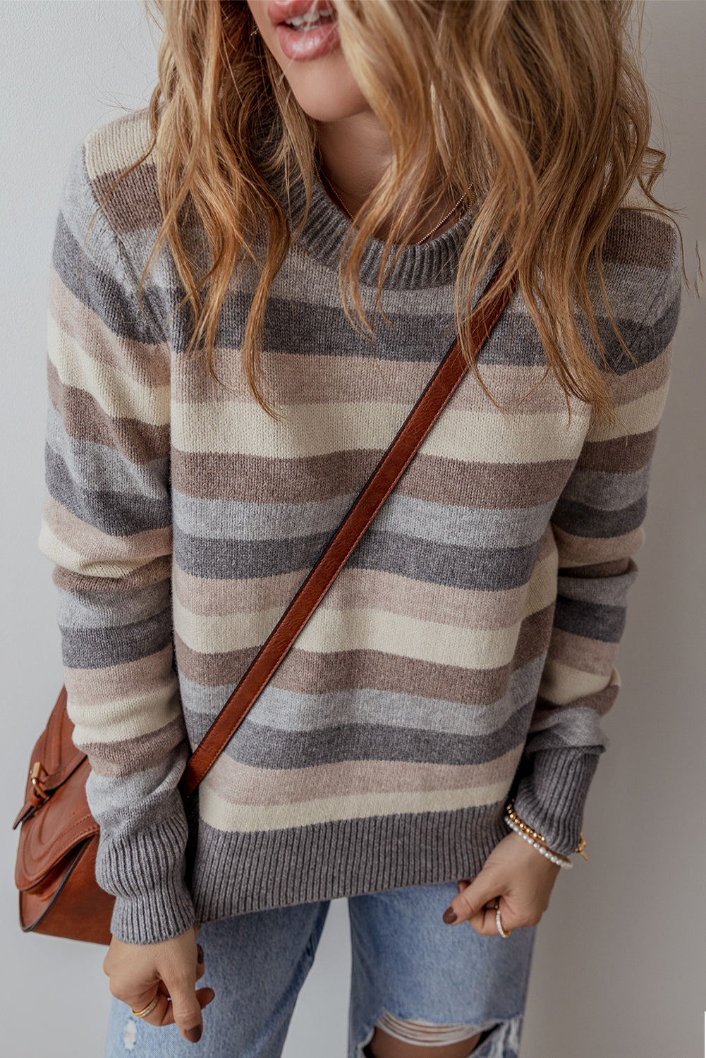 Grey Striped Ribbed Edge Round Neck Sweater