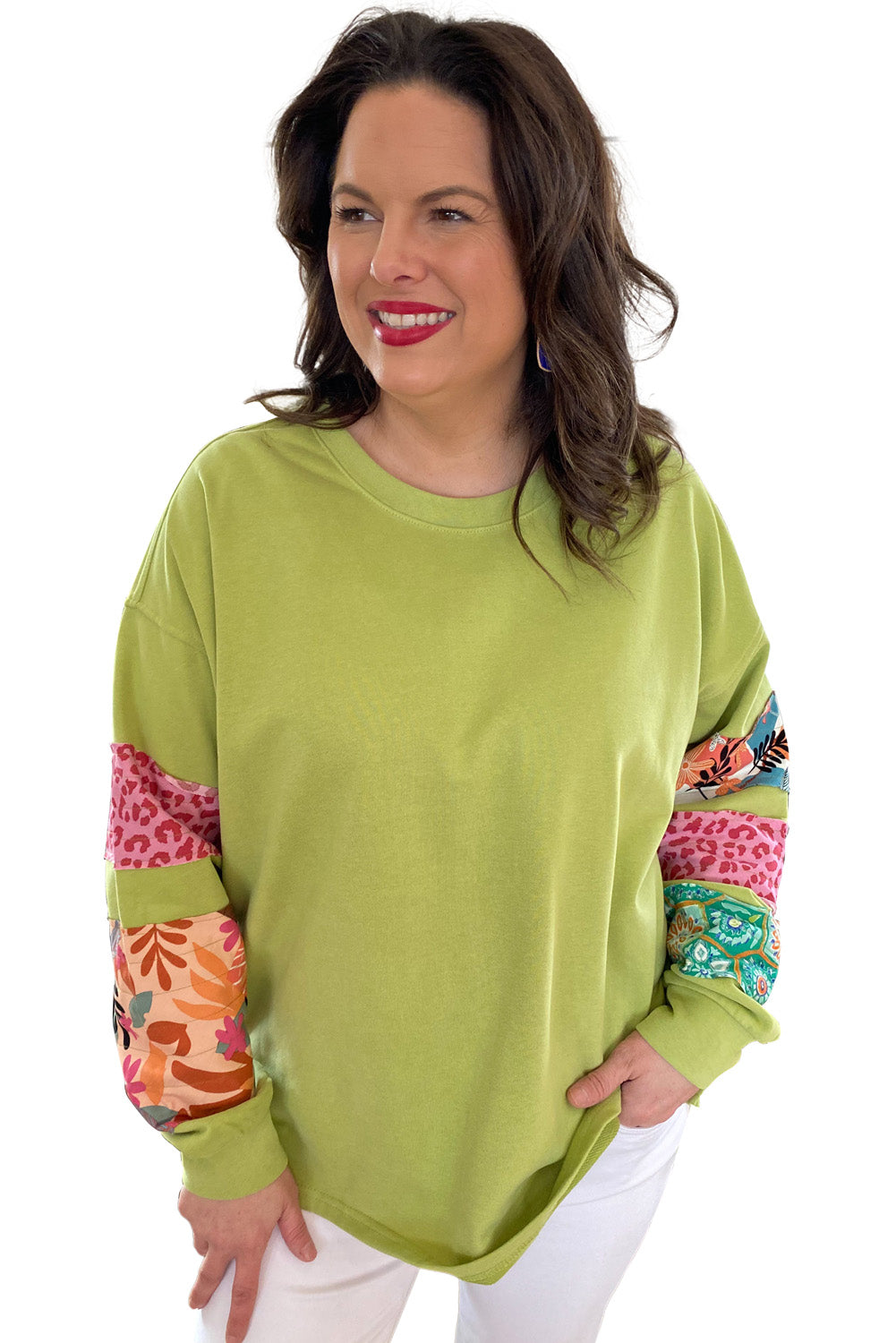 Leopard Patchwork Sleeve Split Plus Sweatshirt