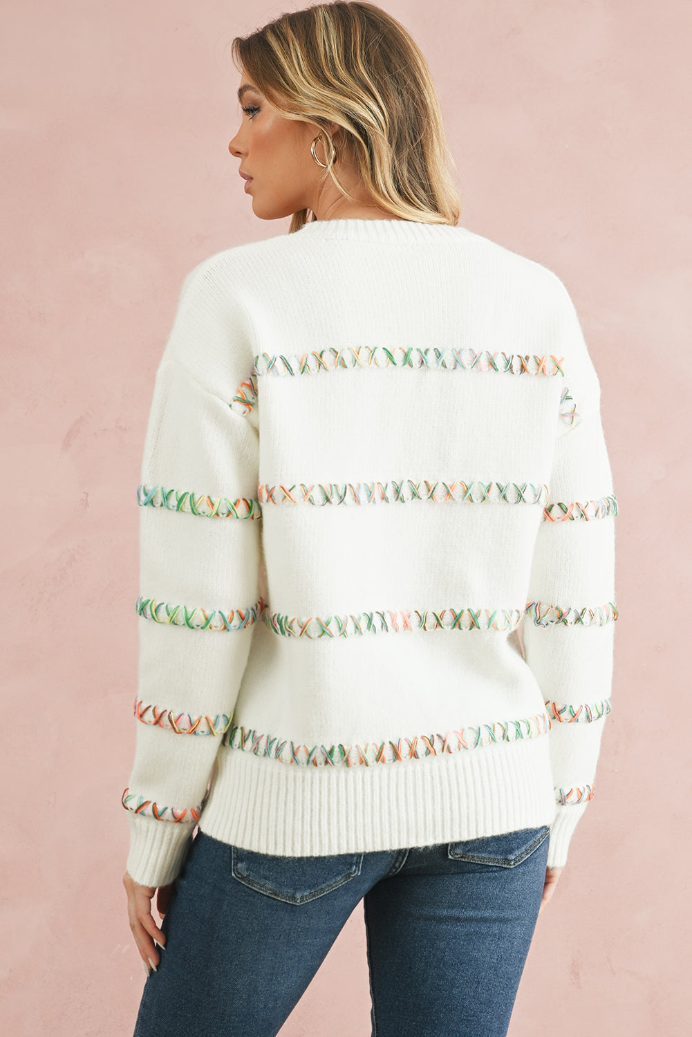 White Colourful Cross Stitch Drop Shoulder Sweater