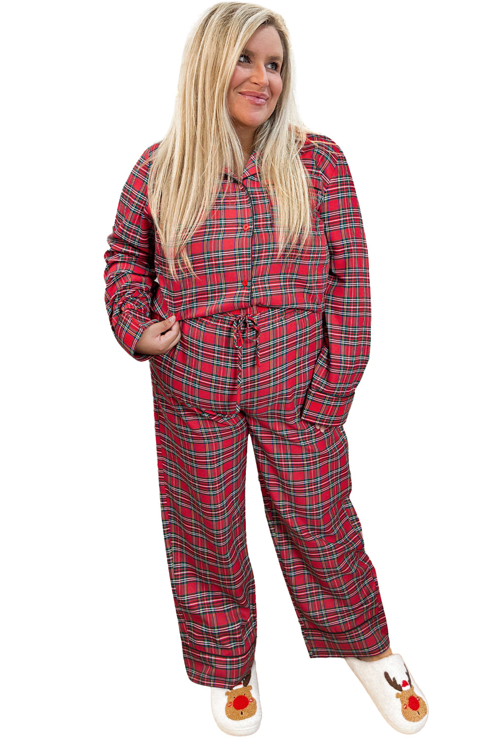 Red Plaid Print Shirt and Drawstring Pants Plus Size Pajama Set