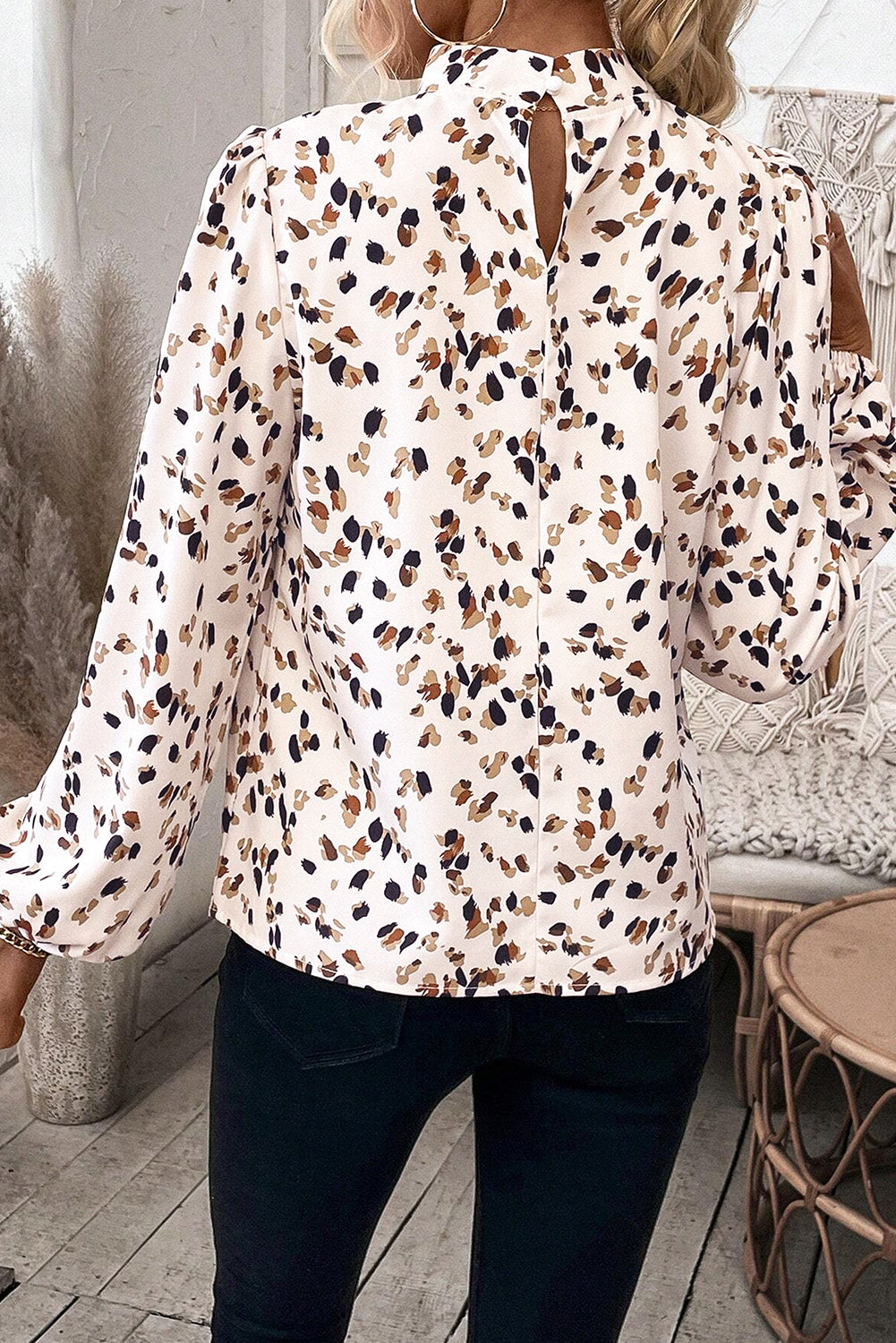 White Leopard Print Puff Sleeve Mock Neck Pleated Blouse